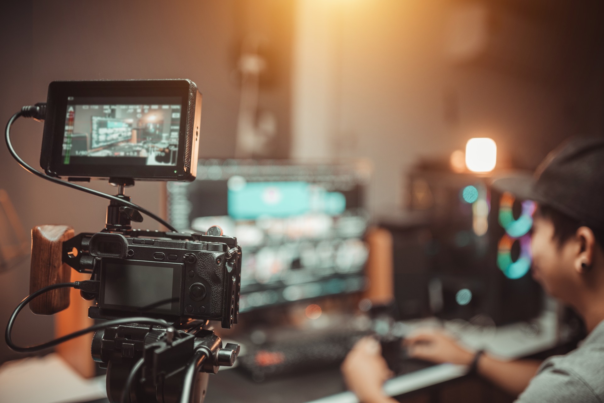 Camera film set on the tripod equipment gear in the studio of blogger